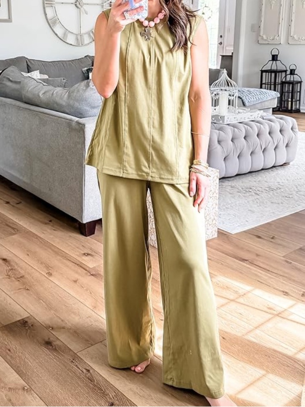 Women's Olive Wide-Leg Pants & Sleeveless Top Set 😎